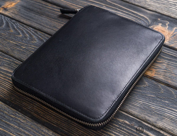 Galen Leather Zippered A5 Notebook Folio in Black Pen Case