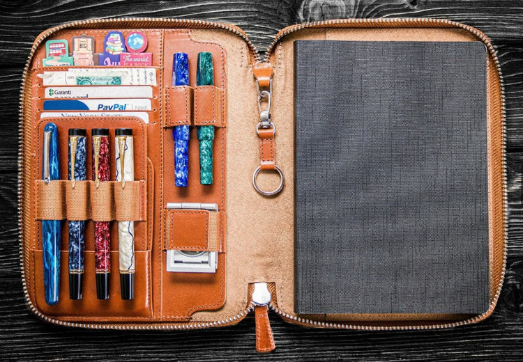 Galen Leather Zippered A5 Notebook Folio in Brown Pen Case