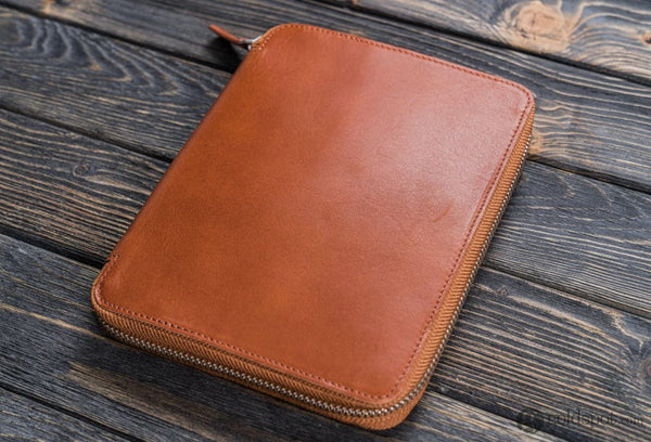 Galen Leather Zippered A5 Notebook Folio in Brown Pen Case