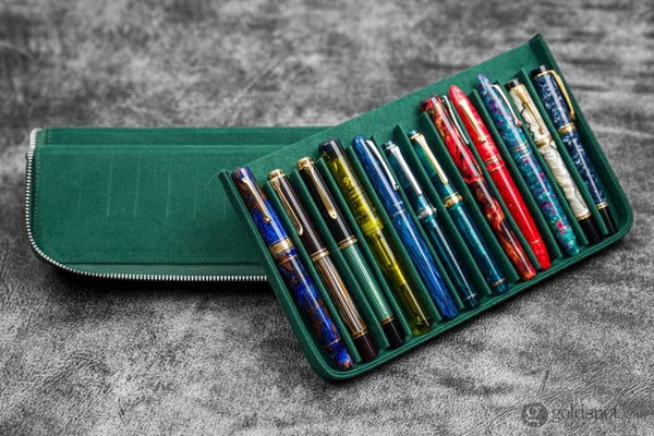 Galen Leather Zippered Magnum Opus Hard 12 Slots Pen Case in Crazy Horse Forest Green Pen Cases