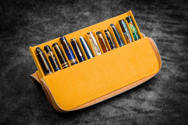 Galen Leather Zippered Magnum Opus Hard 12 Slots Pen Case in Crazy Horse Honey Ochre Pen Cases