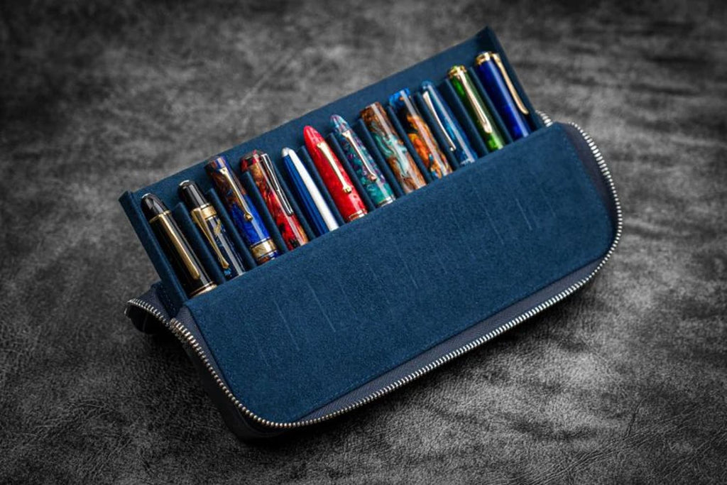 Galen Leather Zippered Magnum Opus Hard 12 Slots Pen Case in Crazy Horse Navy Blue Pen Cases