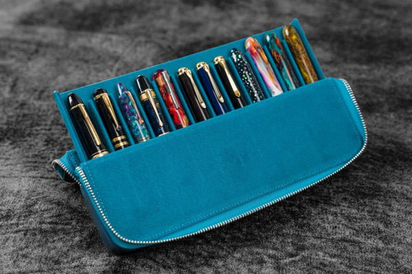 Galen Leather Zippered Magnum Opus Hard 12 Slots Pen Case in Crazy Horse Ocean Blue Pen Cases