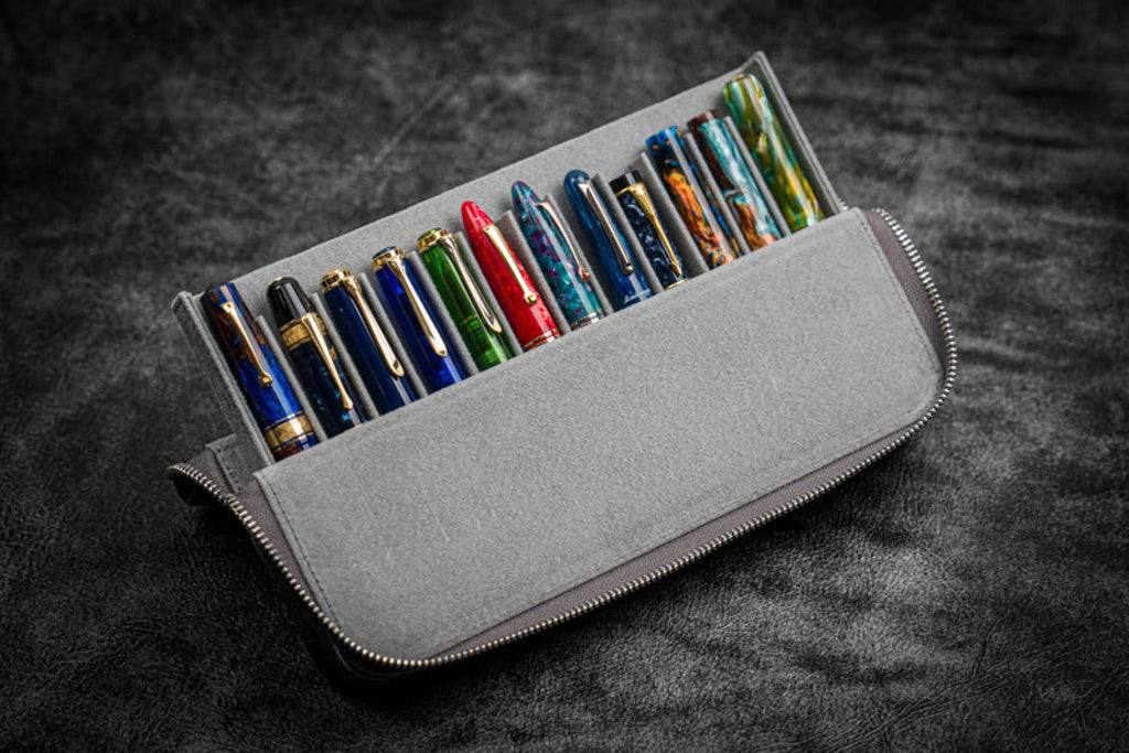 Galen Leather Zippered Magnum Opus Hard 12 Slots Pen Case in Crazy Horse Smokey Grey Pen Cases