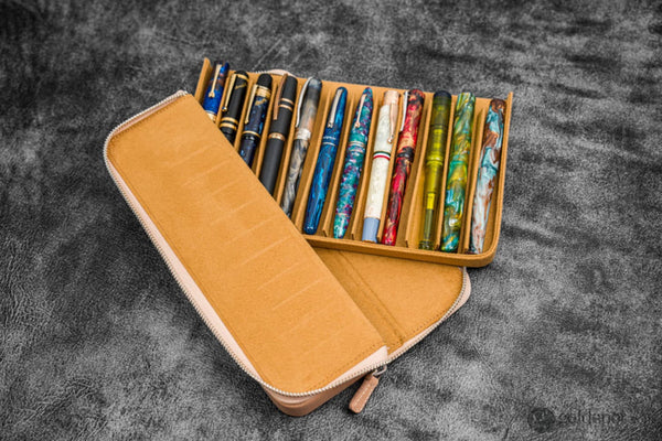 Galen Leather Zippered Magnum Opus Hard 12 Slots Pen Case in Undyed Leather Pen Cases