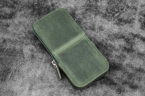 Galen Leather Zippered Magnum Opus Hard 3 Slots Pen Case in Crazy Horse Forest Green Pen Cases