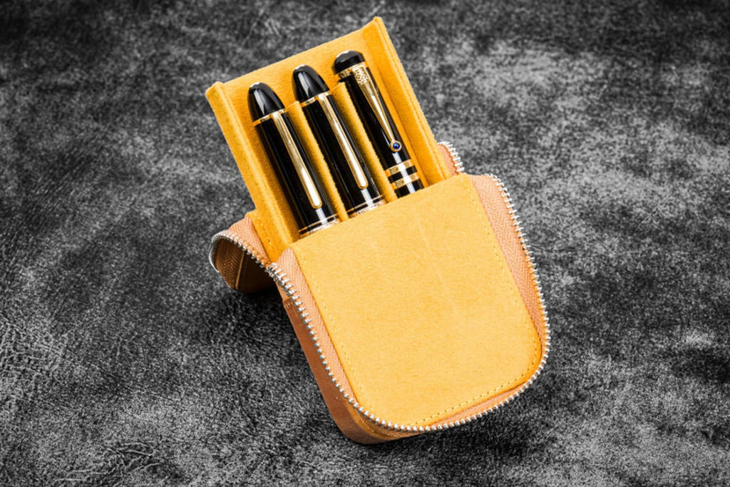 Galen Leather Zippered Magnum Opus Hard 3 Slots Pen Case in Crazy Horse Honey Ochre Pen Cases