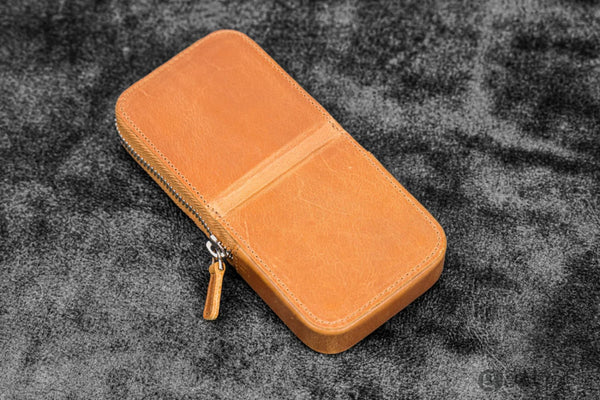 Galen Leather Zippered Magnum Opus Hard 3 Slots Pen Case in Crazy Horse Honey Ochre Pen Cases