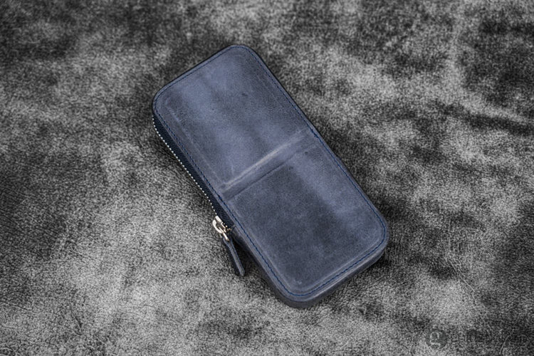 Galen Leather Zippered Magnum Opus Hard 3 Slots Pen Case in Crazy Horse Navy blue Pen Cases