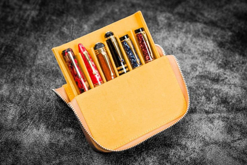 Galen Leather Zippered Magnum Opus Hard 6 Slots Pen Case in Crazy Horse Honey Ochre Pen Cases