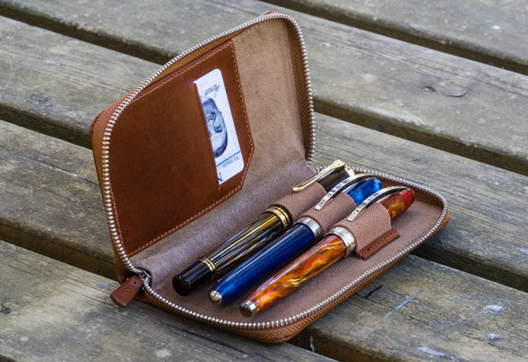 Galen Leather Zippered Three Pen Case in Brown Pen Case