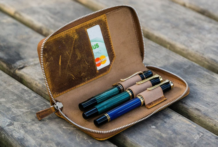 Galen Leather Zippered Three Pen Case in Crazy Horse Brown Pen Case
