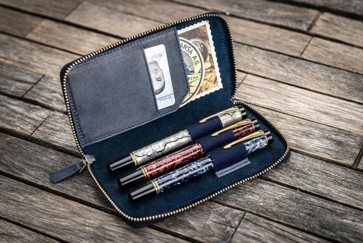 Galen Leather Zippered Three Pen Case in Navy Blue Pen Cases