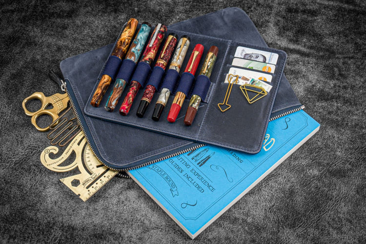 Galen Leather Zippered Writer’s Bank Bag in Crazy Horse Navy Blue Pen Cases