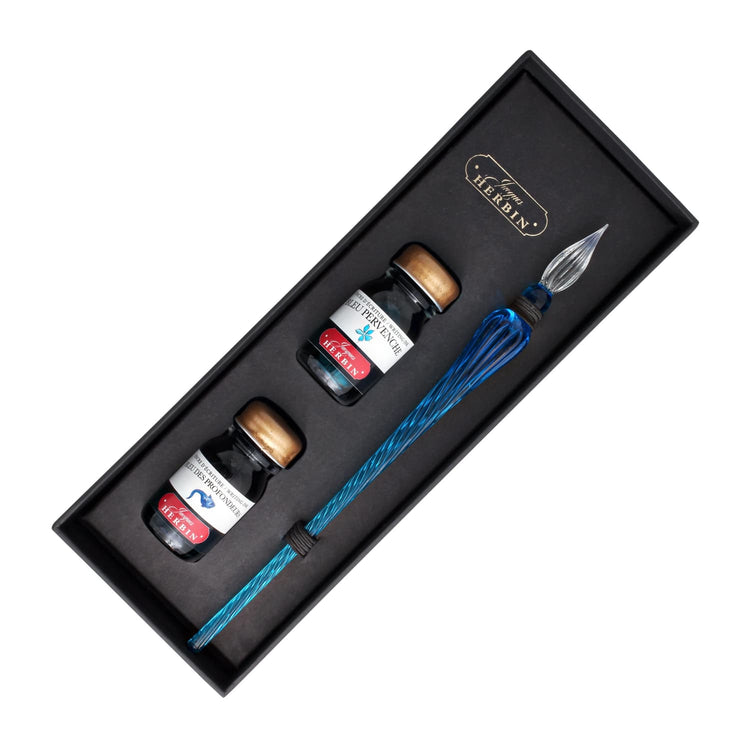J. Herbin Round Glass Pen and Ink Set in Blue Dip Pen