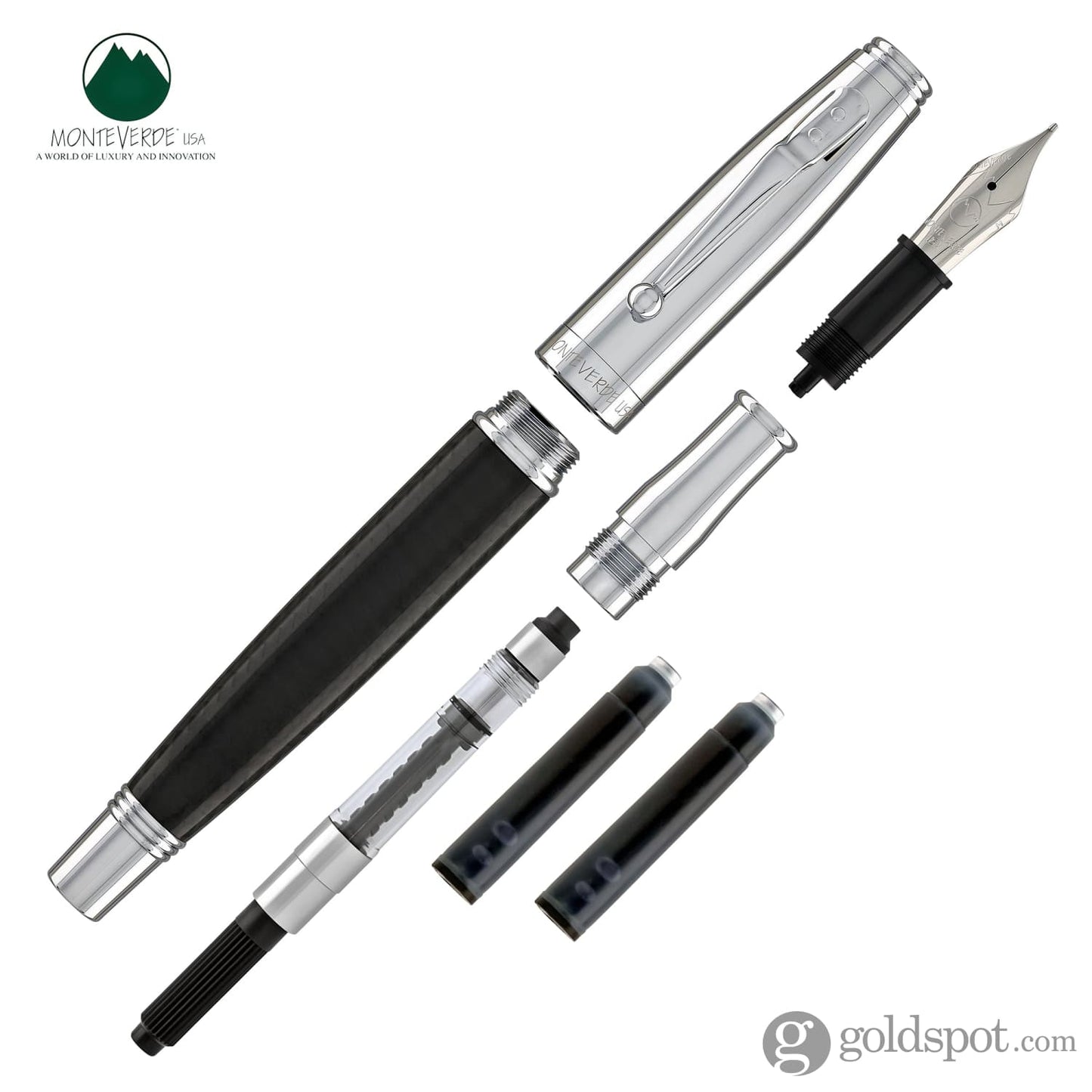 Monteverde Invincia Fountain Pen in Chrome & Carbon Fiber - Medium Point Fountain Pen