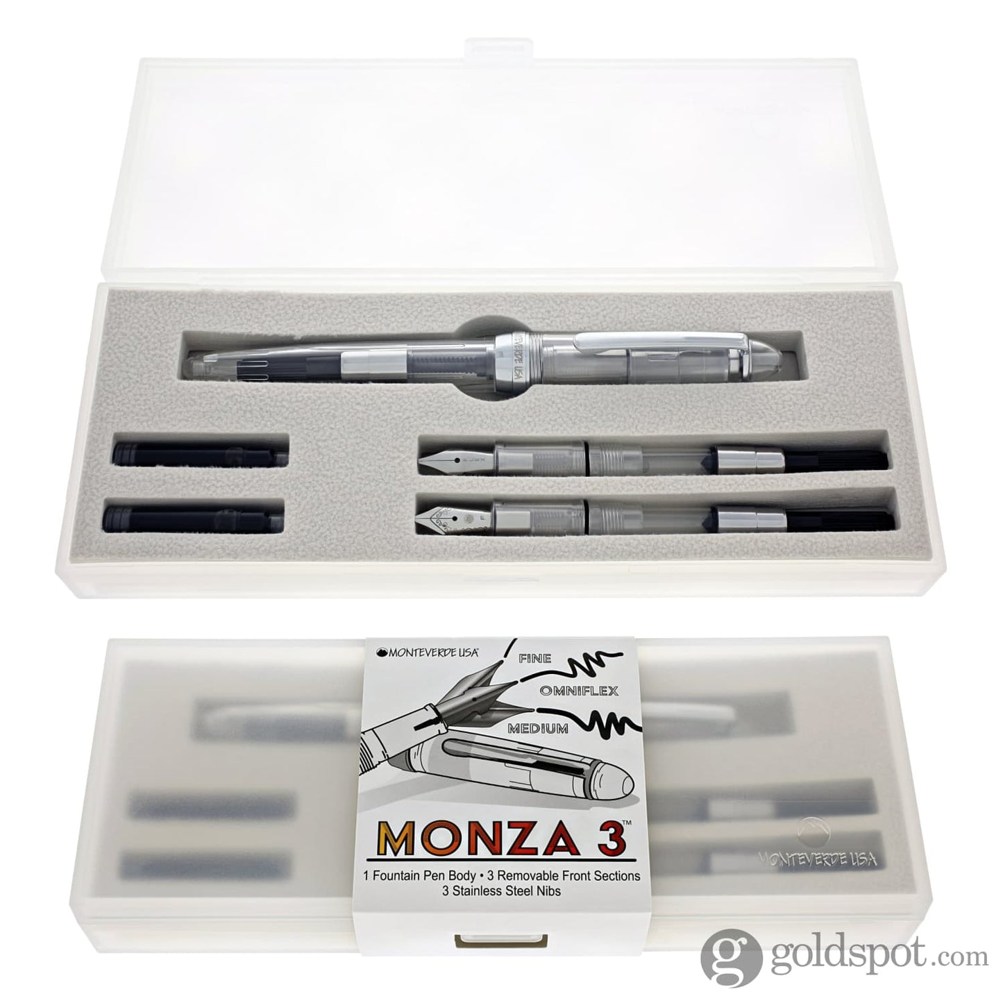 Monteverde Monza Fountain Pen in Crystal Clear - Fine Medium and Omniflex Nibs Pack of 3