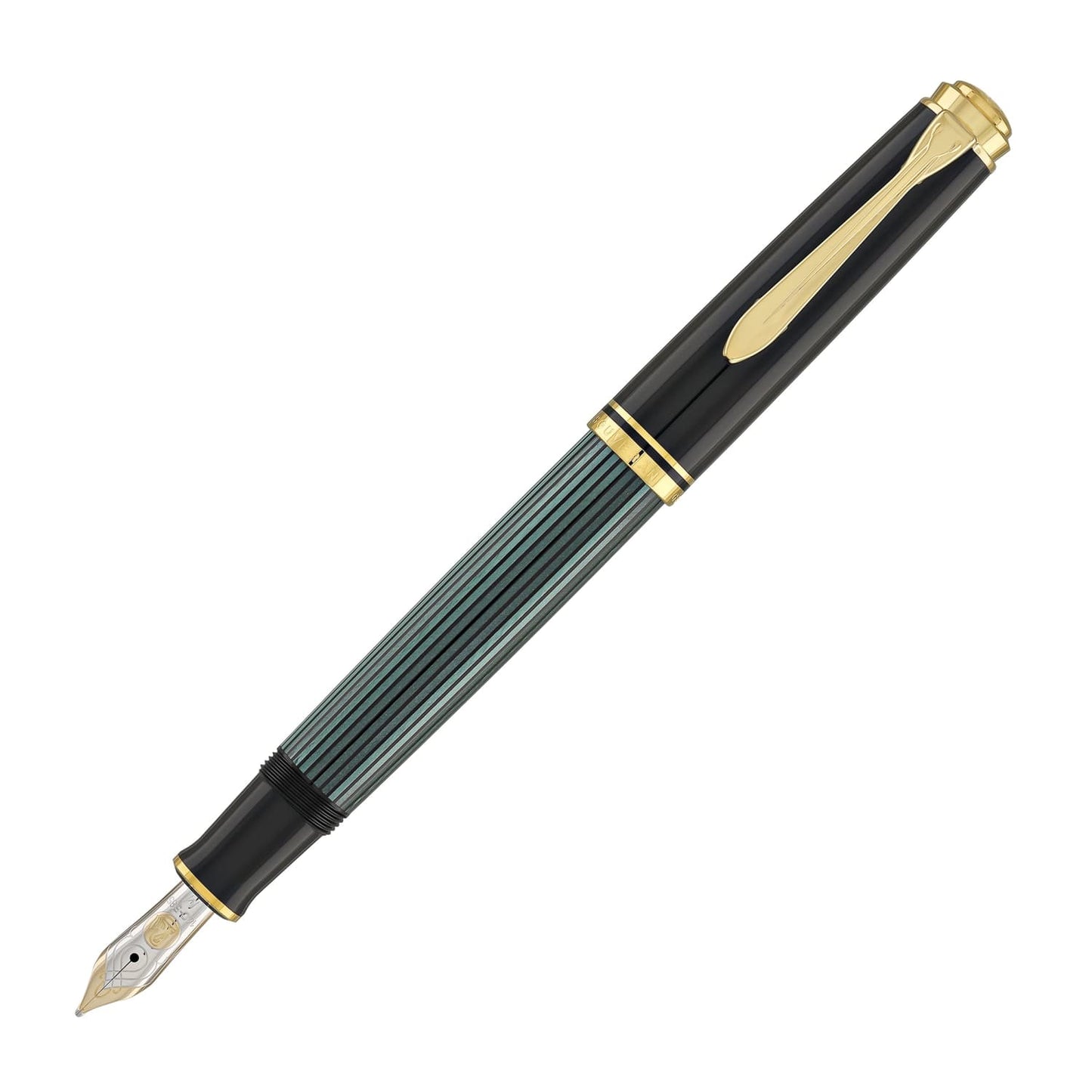 Pelikan Souveran M600 Fountain Pen in Black & Green with Gold Trim - 14K Gold Fountain Pen