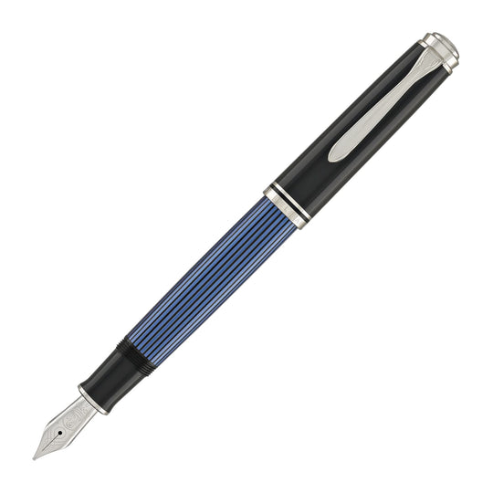 Pelikan Souveran M805 Fountain Pen in Black & Blue with Silver Trim - 18K Gold