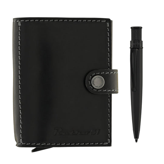 Retro 51 Pularys Modern Traveler Set Black Leather with Tornado Elite Stealth Ballpoint Pen
