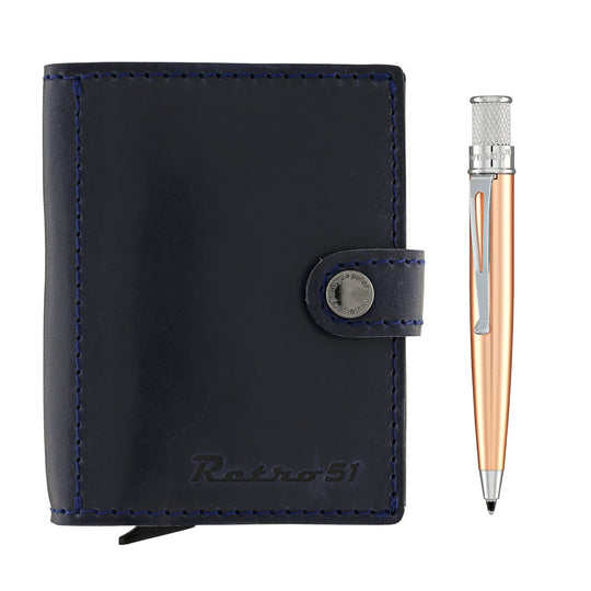 Retro 51 Pularys Modern Traveler Set Navy Leather with Tornado Elite Copper Ballpoint Pen