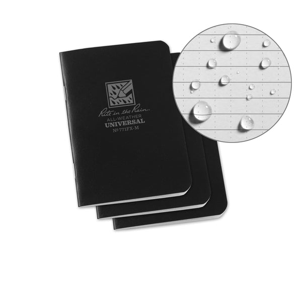 Rite In The Rain Weatherproof Stapled Mini Universal Notebook - Black - 3 Pack Notepads