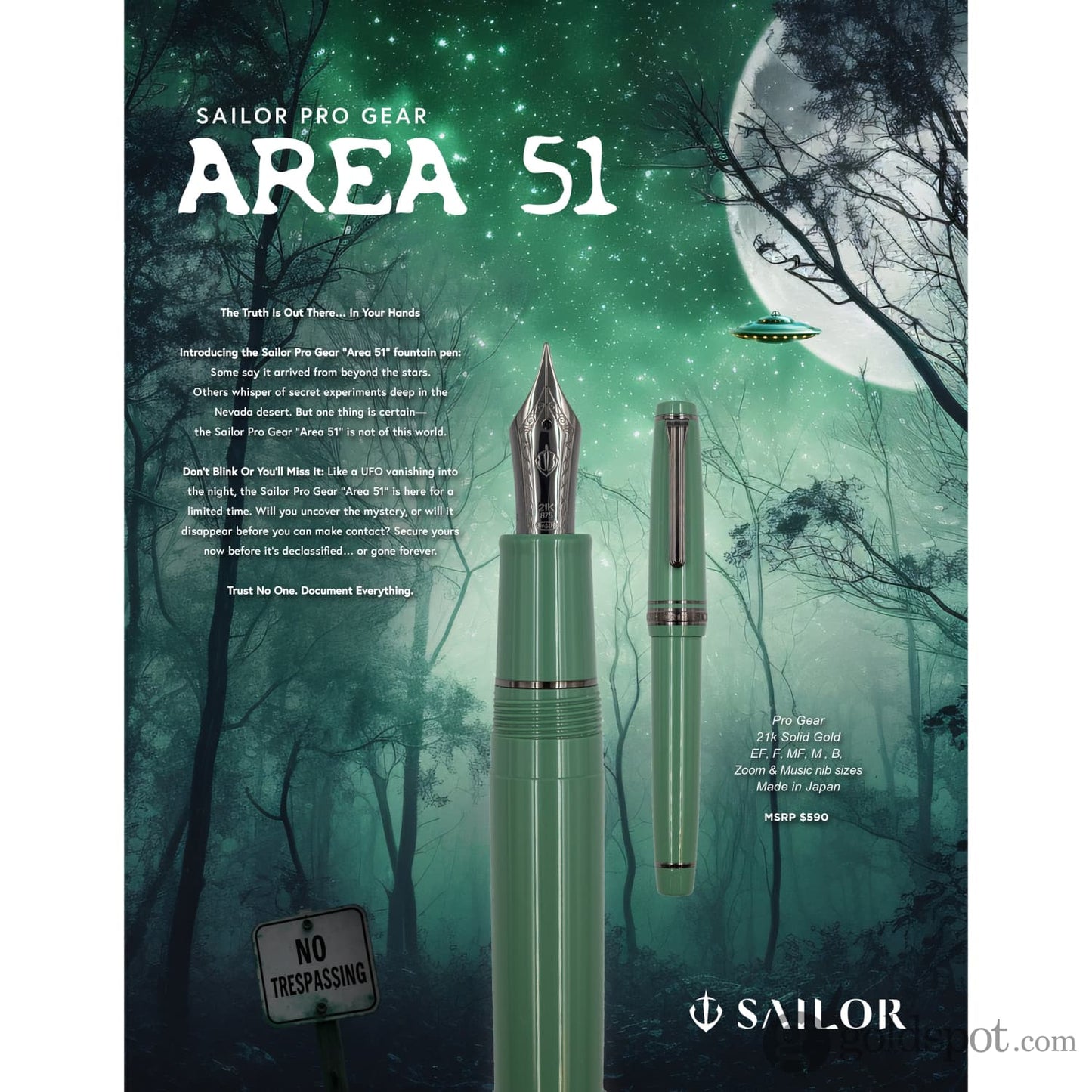 Sailor Pro Gear ’Area 51’ Regular Fountain Pen in Alien Green - 21kt Gold Fountain Pen