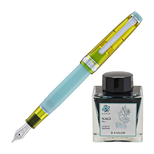 Sailor Pro Gear Slim Fountain Pen in Manyo #3 Series Bamboo Shoot - 14K Gold Nib and Nagi Bottled Ink - 50mL