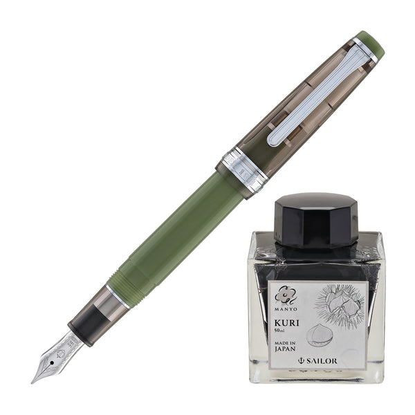 Sailor Pro Gear Slim Fountain Pen in Manyo #3 Series Chestnut - 14K Gold Nib and Kuri Bottled Ink - 50mL Fountain Pen