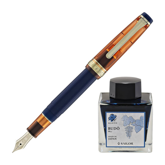 Sailor Pro Gear Slim Fountain Pen in Manyo #3 Series Persimmon - 14K Gold Nib and Budo Bottled Ink - 50mL