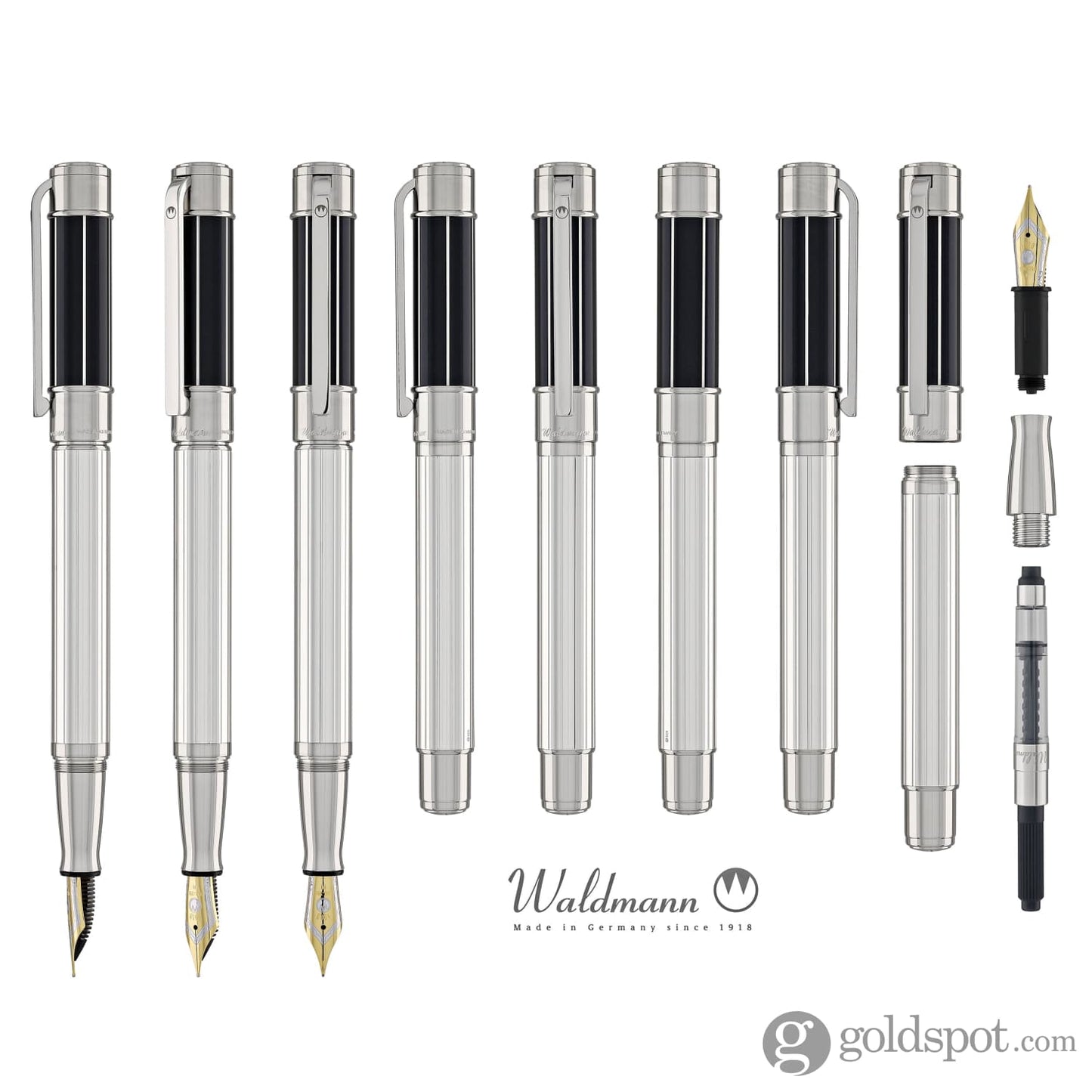 Waldmann Commander 23 Fountain Pen in Sterling Silver and Blue Lacquer 18kt Gold Nib Fountain Pen