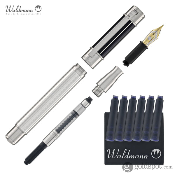 Waldmann Commander 23 Fountain Pen in Sterling Silver and Blue Lacquer 18kt Gold Nib Fountain Pen
