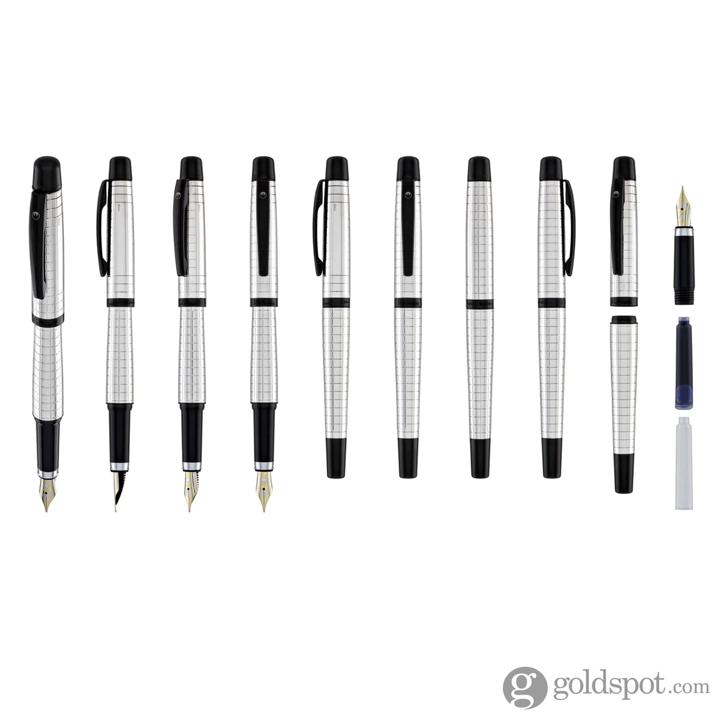 Waldmann Concorde Fountain Pen in Silver with Square Pattern & Black PVD Trim 18kt Gold Nib Fountain Pen