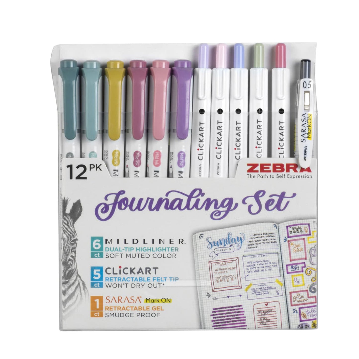 Zebra Journaling Set in Assorted Colors - Pack of 12 Gel Pen