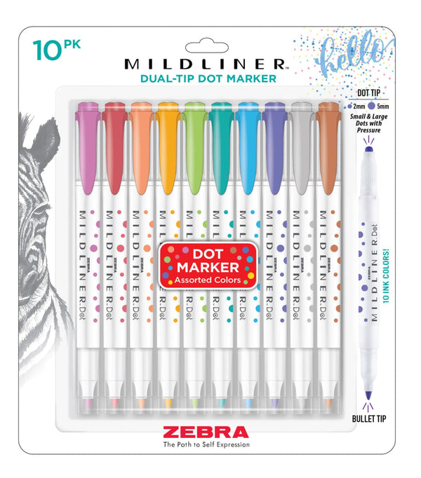 Zebra Mildliner Dual-Tip Dot Marker in Assorted Colors - Pack of 10 Gel Pen