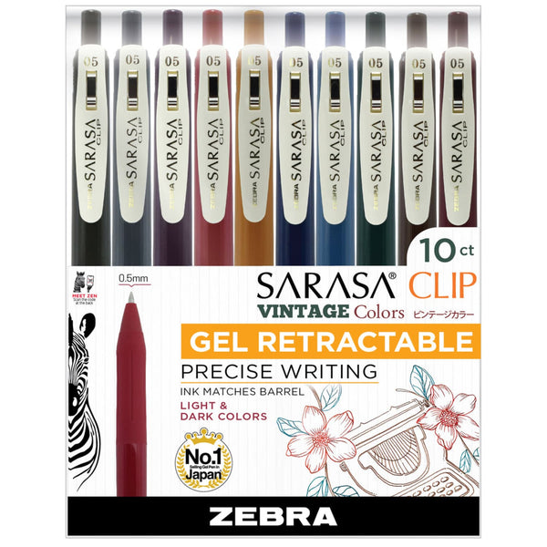Zebra Sarasa Clip Retractable Gel Pen in Vintage Colors - Pack of 10 Gel Pen