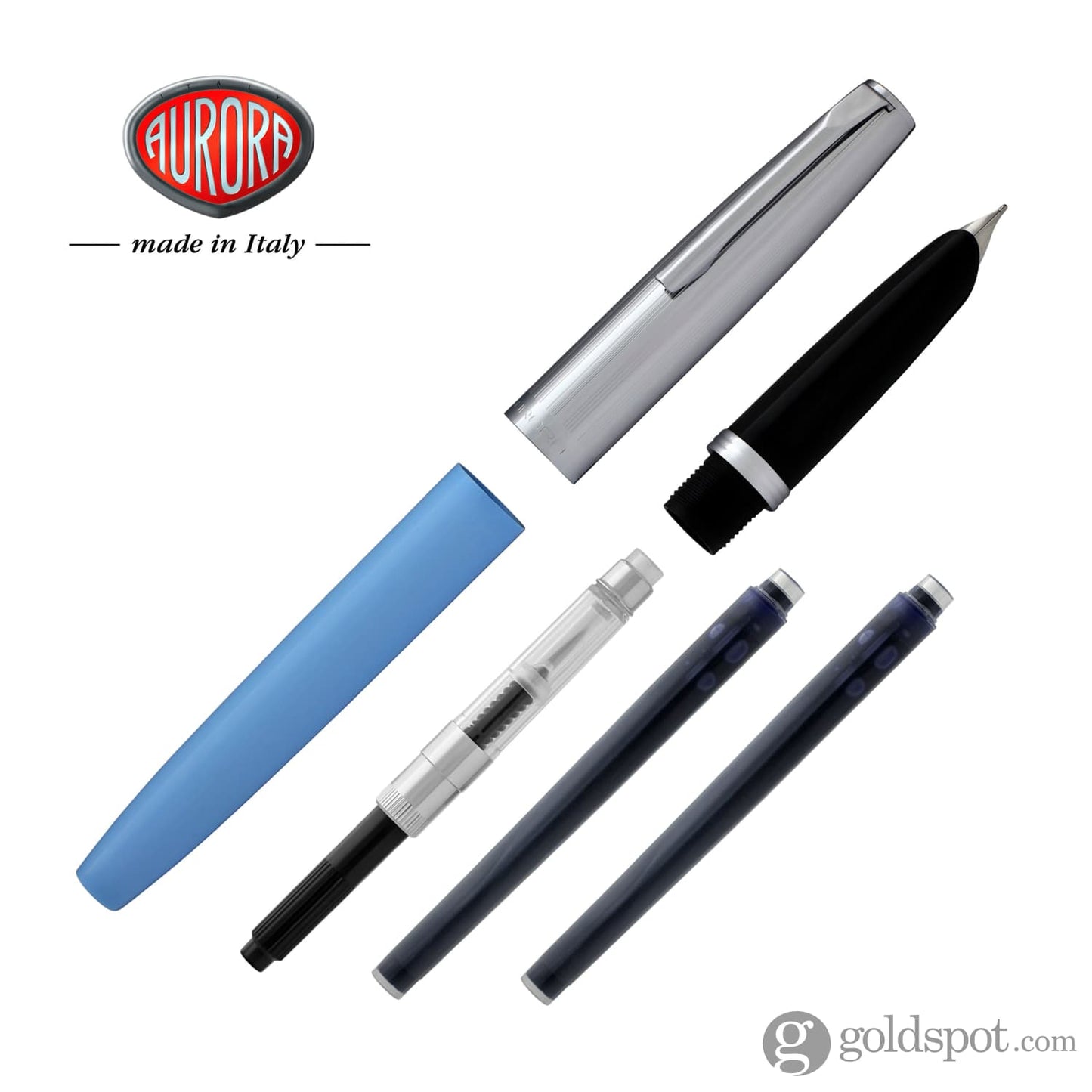 Aurora Duo Cart Fountain Pen - Light Blue Resin With Chrome Cap Medium Point Fountain Pen