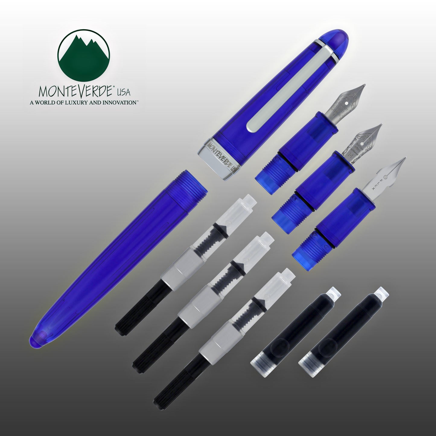 Monteverde Monza Fountain Pen in Blue - Fine Medium and Omniflex Nibs Pack of 3