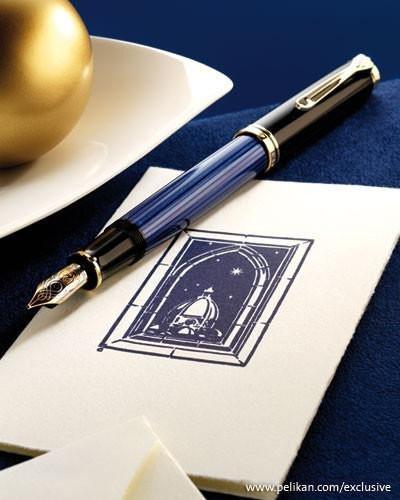 Pelikan Souveran M600 Fountain Pen in Black & Blue with Gold Trim - 14K Gold Fountain Pen