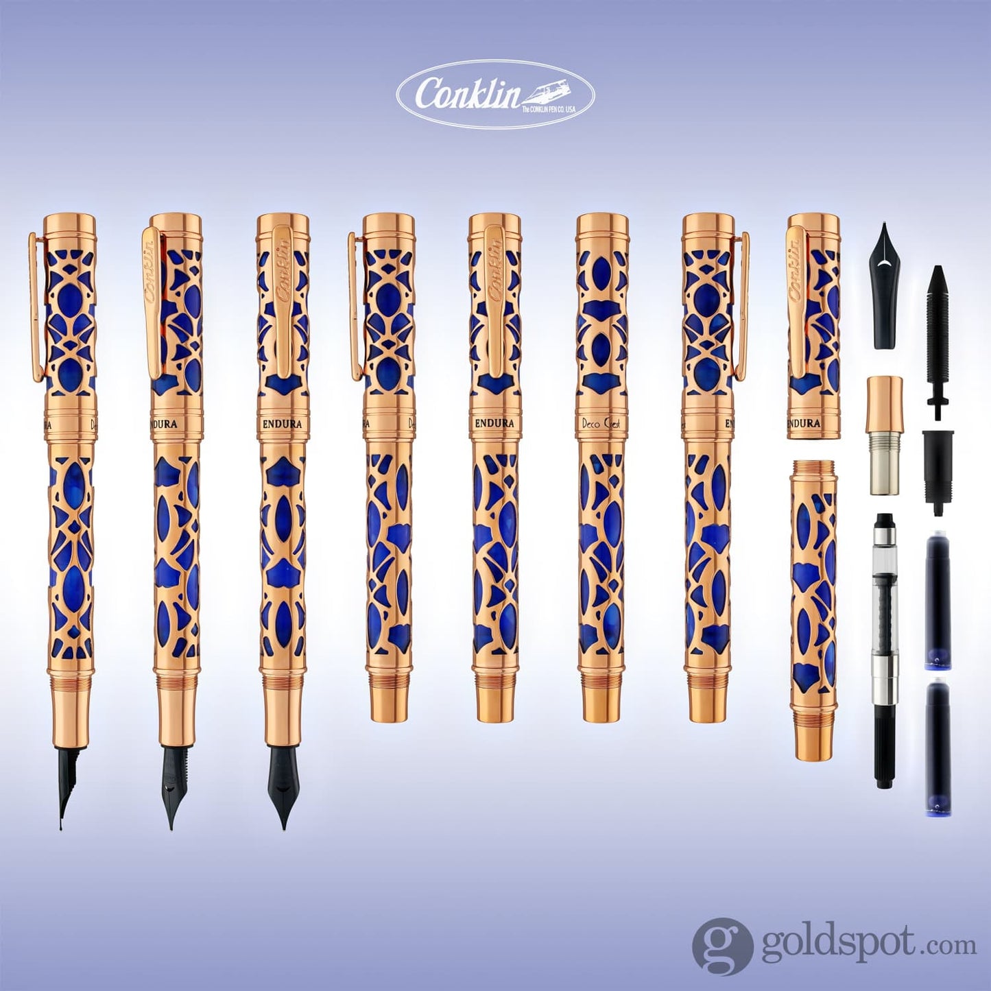 Conklin Endura Deco Crest Fountain Pen in Blue with Rosegold Trim Fountain Pen