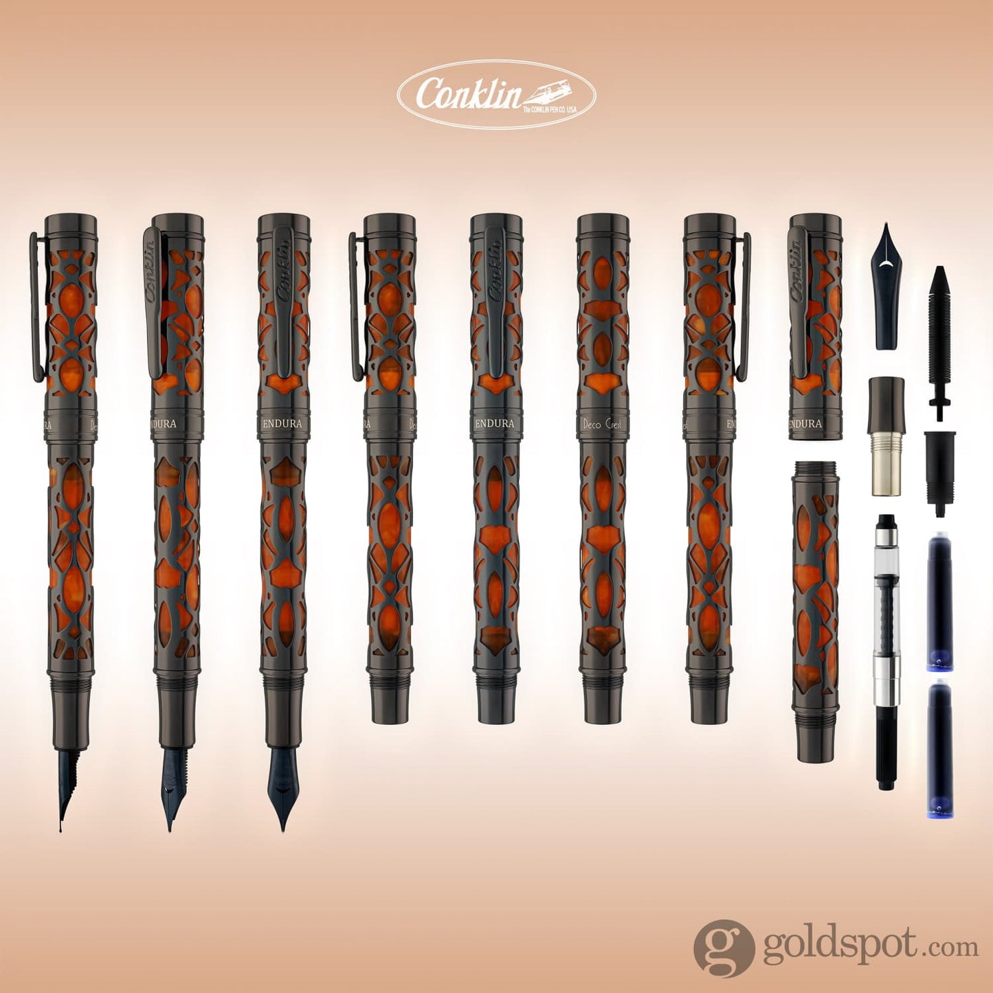 Conklin Endura Deco Crest Fountain Pen in Orange with Gunmetal Trim Fountain Pen