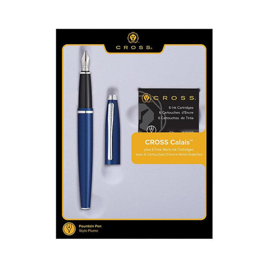 Cross Calais Fountain Pen Gift Set in Blue & Chrome with 6 Free Ink Cartridges - Medium Point