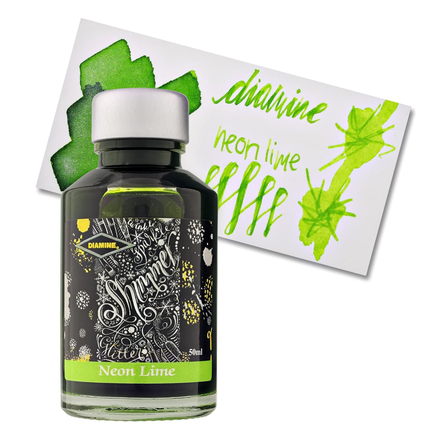 Diamine Shimmer Bottled Ink in Neon Lime Silver - 50 mL Bottled Ink