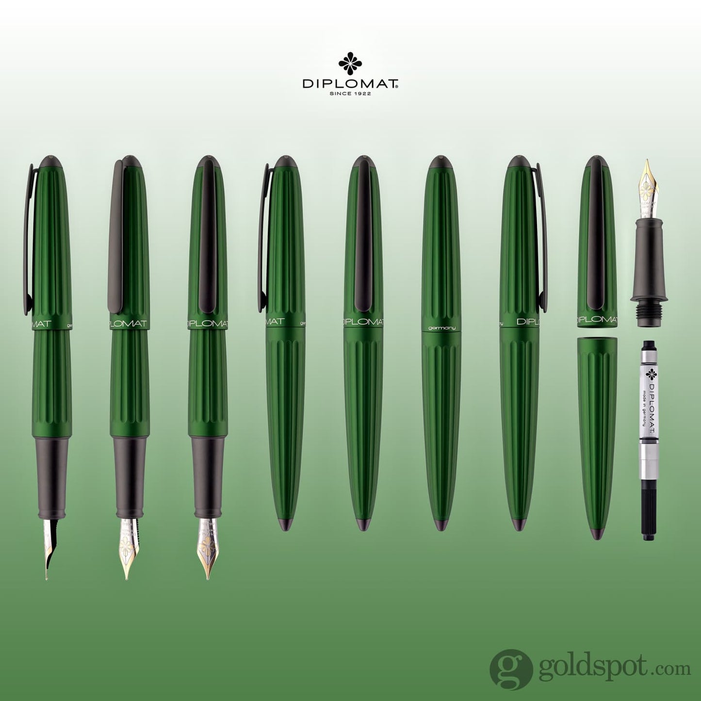 Diplomat Aero Fountain Pen in Green - 14K Gold Fountain Pen