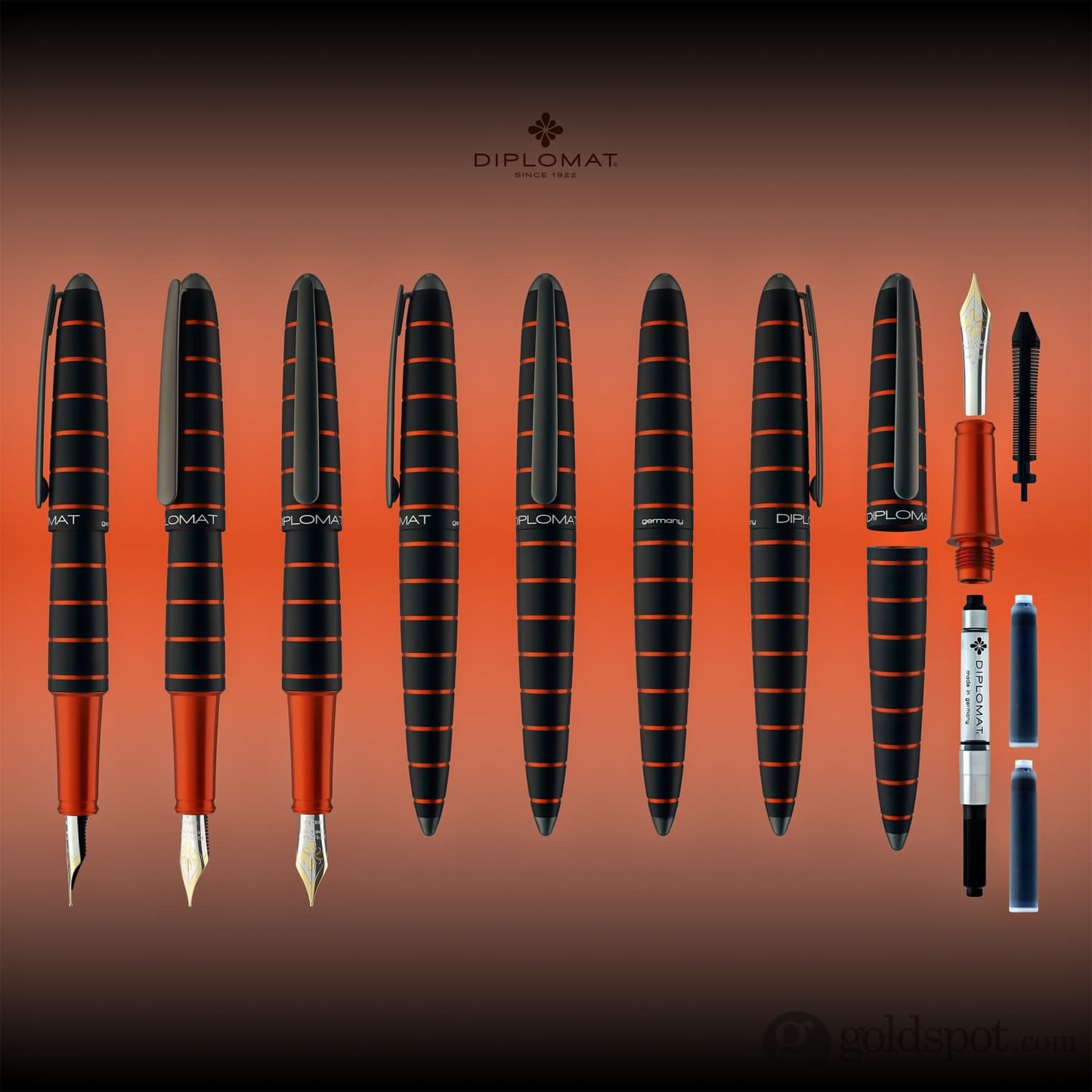 Diplomat Elox Fountain Pen in Ring Black & Orange - 14K Gold Fountain Pen
