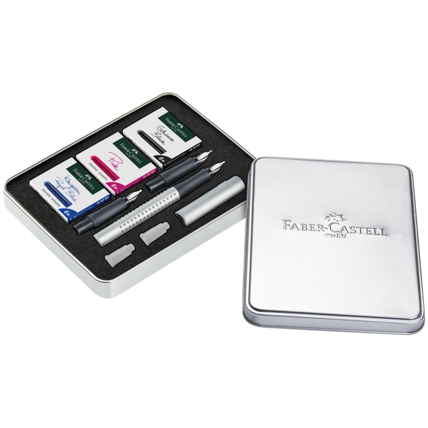Faber-Castell Grip Edition Fountain Pen & Ballpoint Pen Set - All Black, Soft Grip Zone, Gift Tin