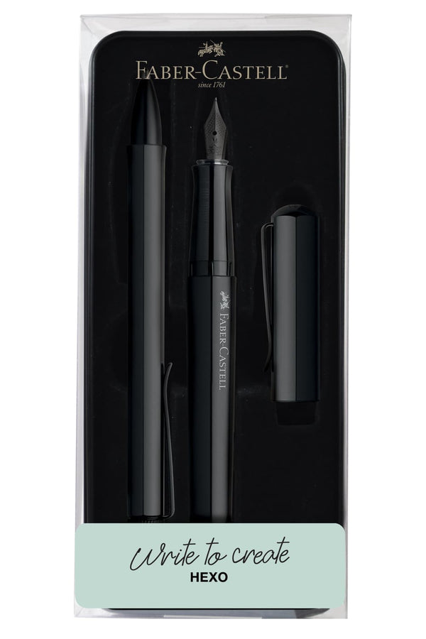 Faber-Castell Hexo Fountain and Ballpoint Pen in Black - Gift Tin Gift Set