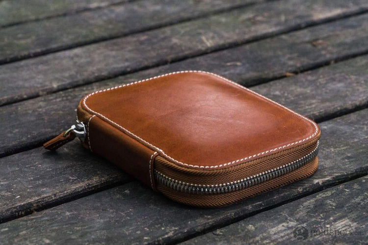 Galen Leather Pen Case Zippered 10 Slots in Brown Pen Case