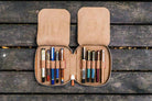 Galen Leather Pen Case Zippered 10 Slots in Brown Pen Case