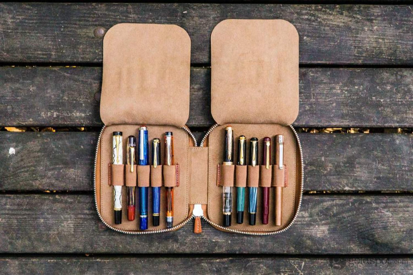 Galen Leather Pen Case Zippered 10 Slots in Brown Pen Case